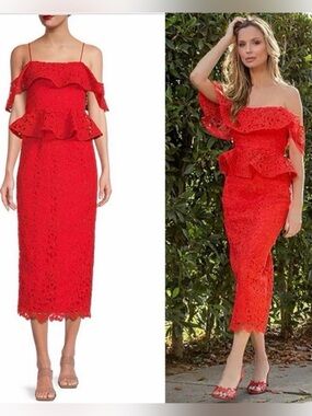 Muse by Marchesa Red Lace Peplum Midi Dress Sz 2 NWT Wedding Guest Formal Event